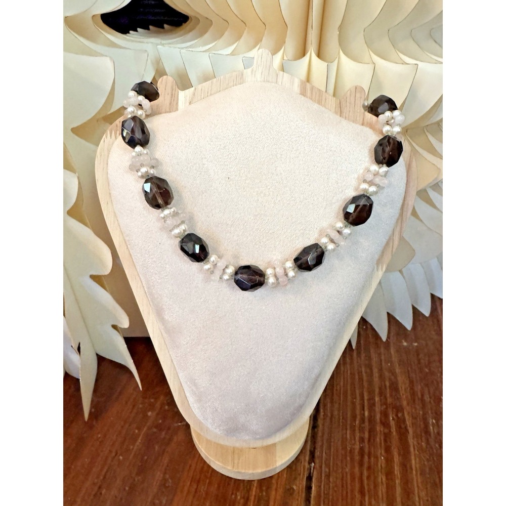 Vintage Sterling Silver Smoky‎ Quartz & Rose Quartz Pearl Necklace 19.5"